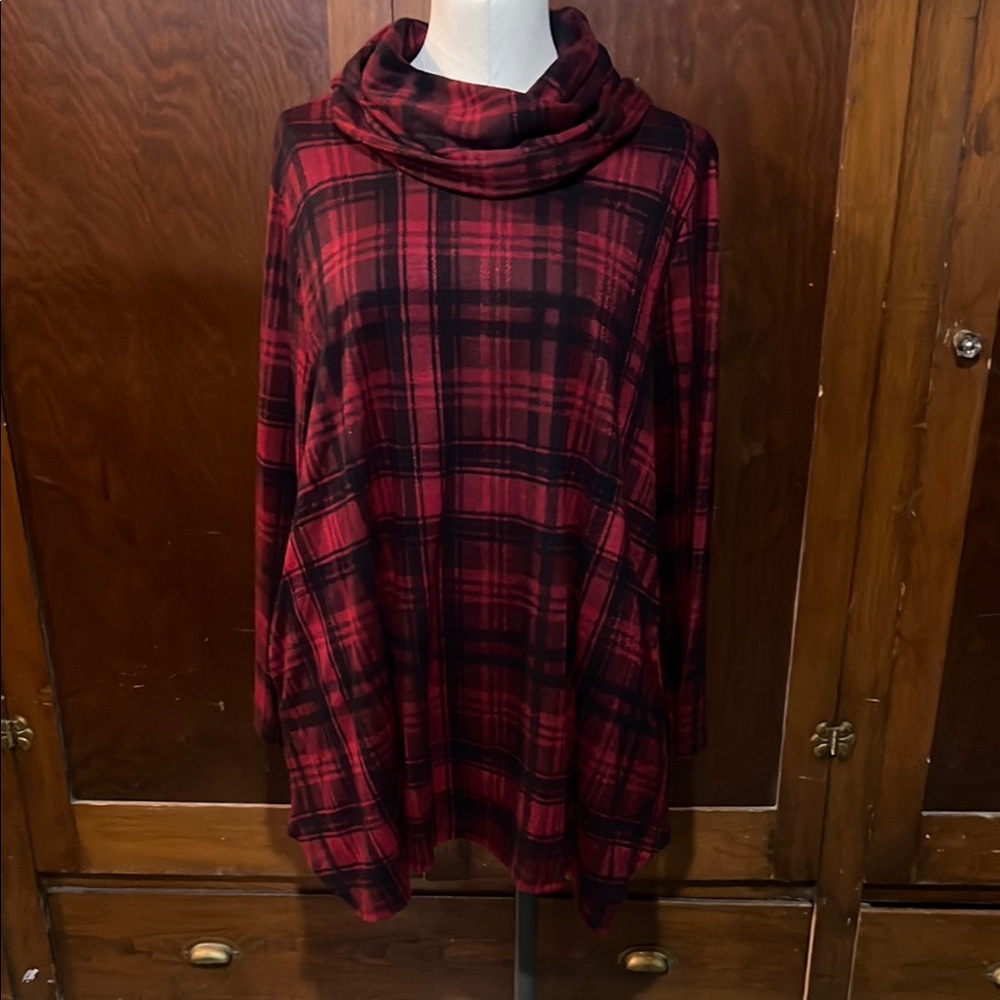 Red and Black Plaid Cowl Neck Tunic